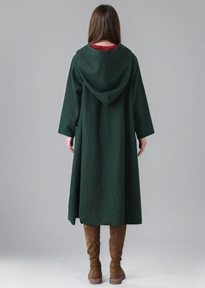 Women's Oversized Hooded Linen Jacket, Green Linen Cape Coat C5148