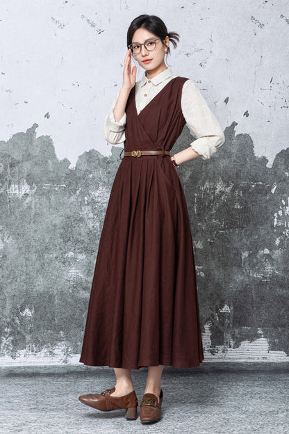 Brown Linen Maxi Dress - Sleeveless V-Neck with Tie Waist c5478