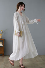 Load image into Gallery viewer, White Vantage Inspired French Long Swing Casual Pure Linen Dress C2237
