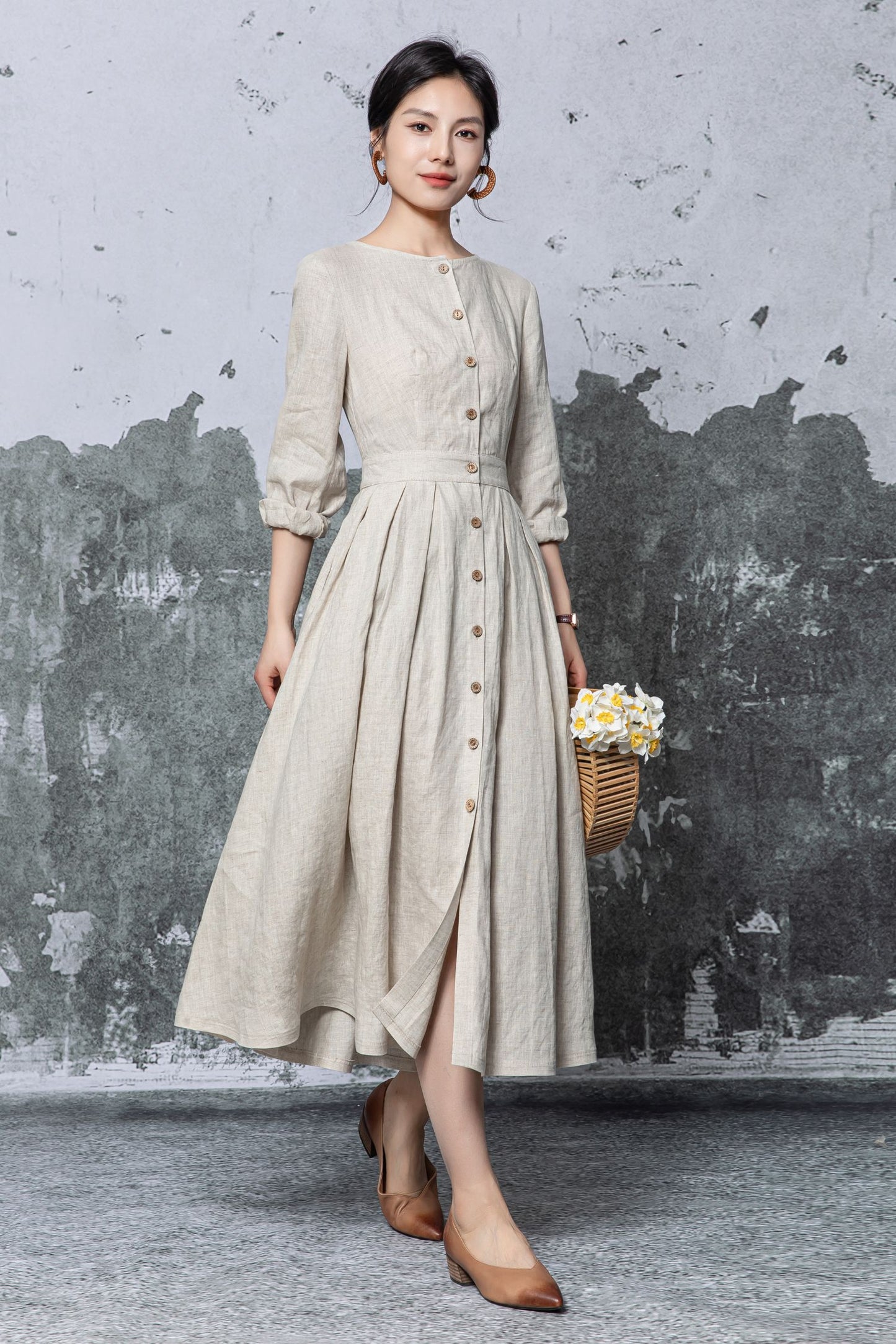 Beige Linen Midi Dress - Button Front Pleated A-Line Silhouette c5469