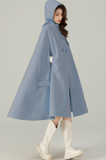 Womens Blue Oversize Wool Cape Coat C4522