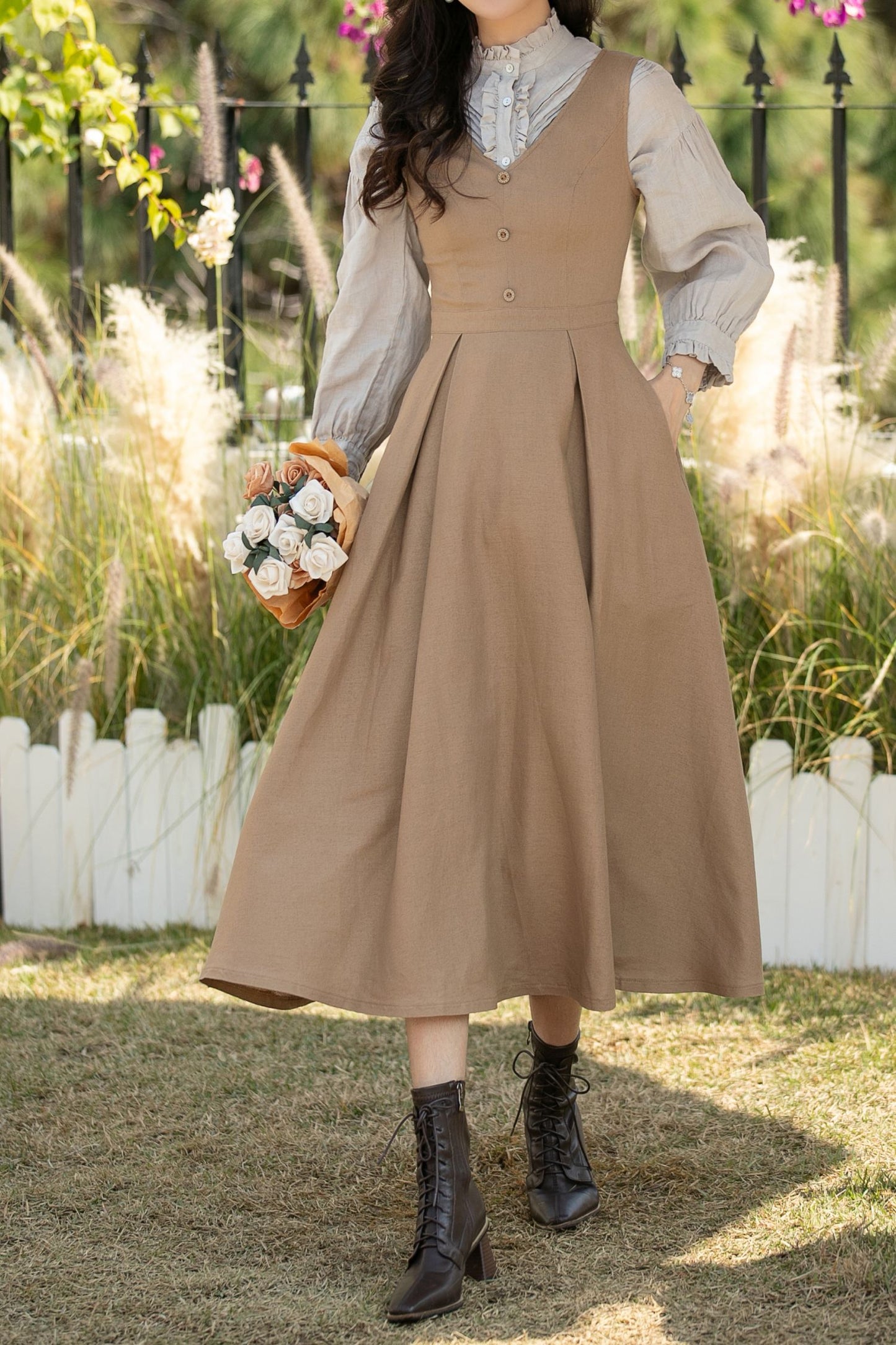 Khaki Linen Pinafore Midi Dress: Sleeveless A-Line Dress with Pockets, Ylistyle C5437