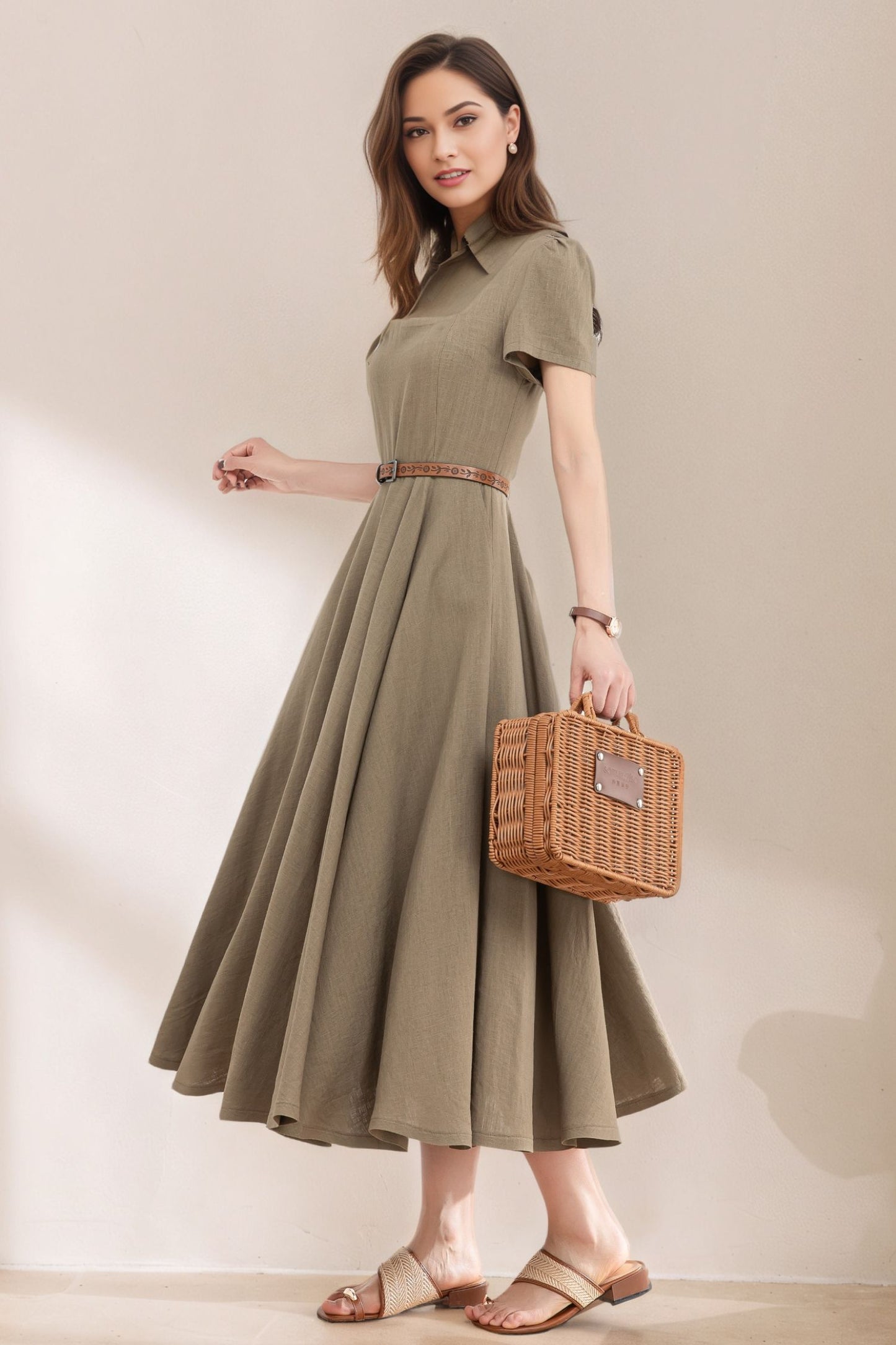 Womens Summer Green Linen Dress c5387