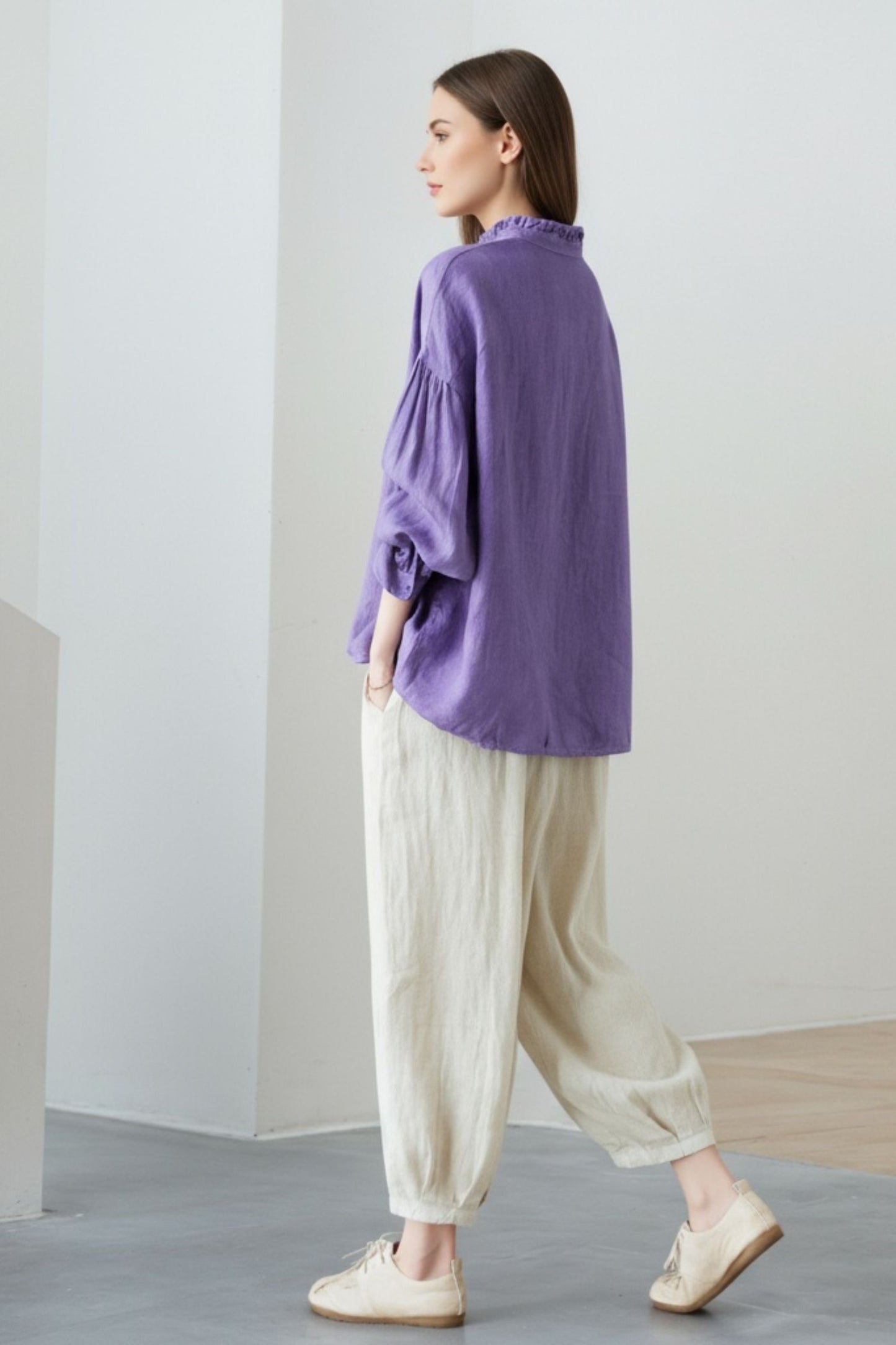 Purple Cotton Linen Blouse: Oversized Long Sleeve Boho Shirt with Ruffled Collar, Ylistyle C5323