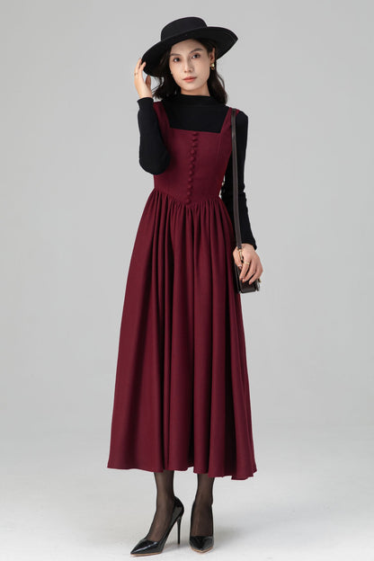 Square Neck Maxi Pinafore Wool Dress for Women C5201