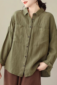 Long sleeves linen shirt top women C4436