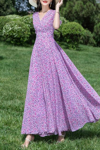 Floral women summer long chiffon dress C4037
