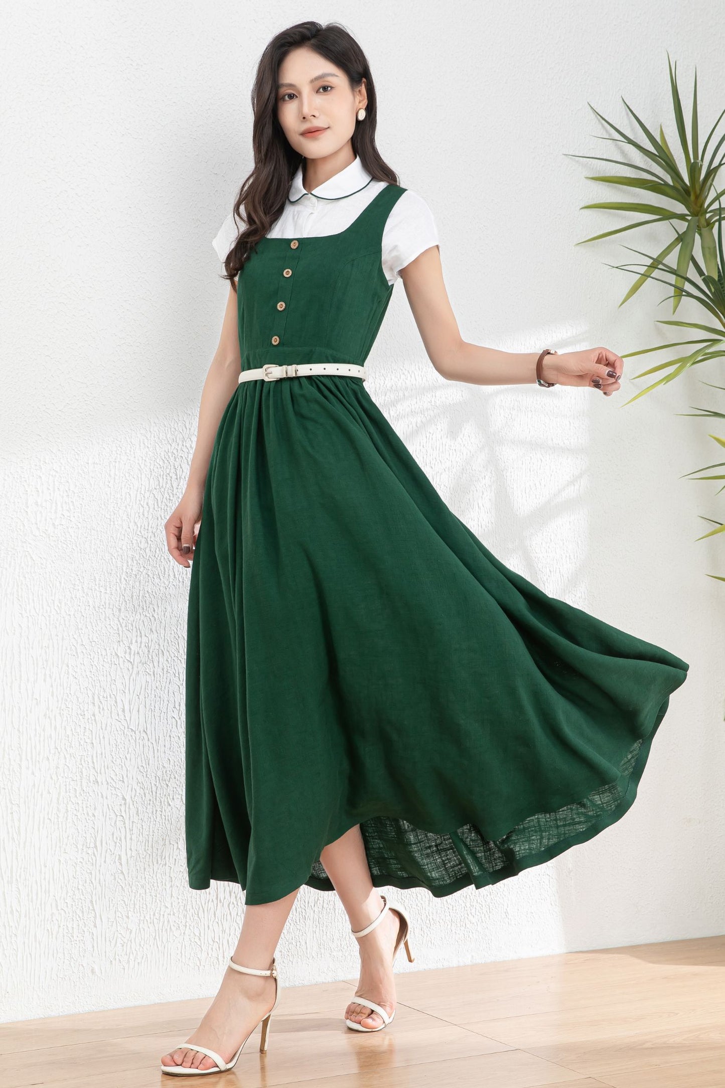Summer Green Linen Pinafore Dress c4983