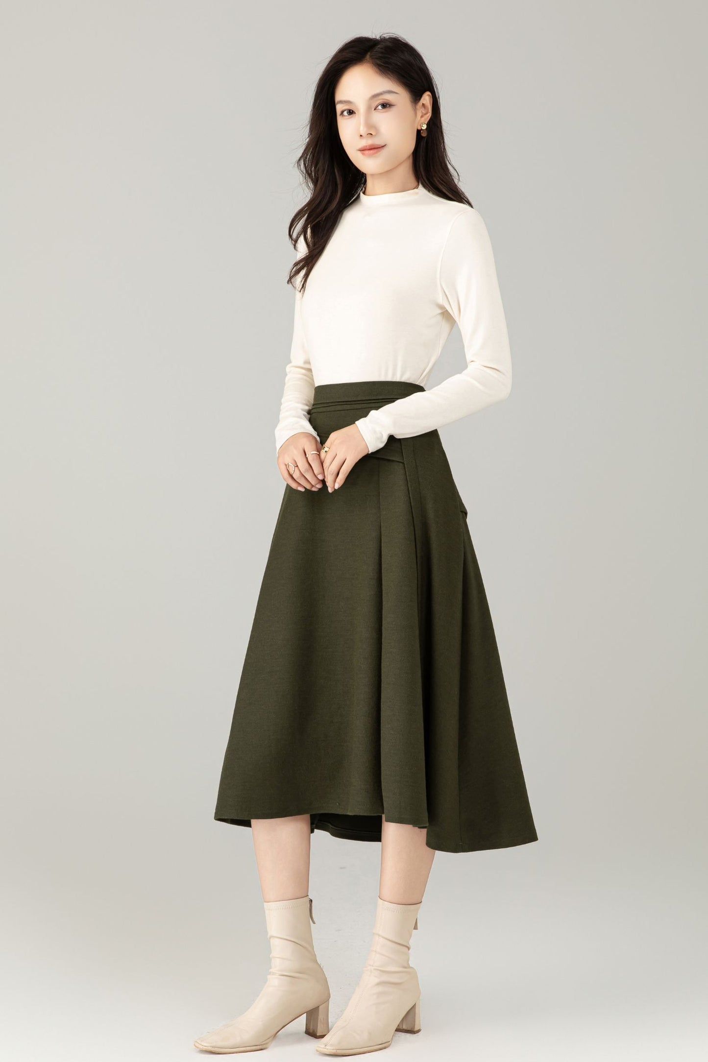 Green Wool Midi Skirt – A-Line Skirt with Pockets C5238