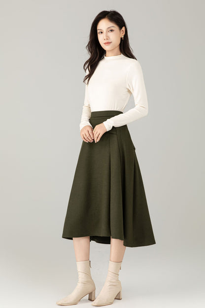 Green Wool Midi Skirt – A-Line Skirt with Pockets C5238
