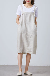 Women Casual Linen Vest Dress Strap Dress Loose Overalls With Pockets C1675