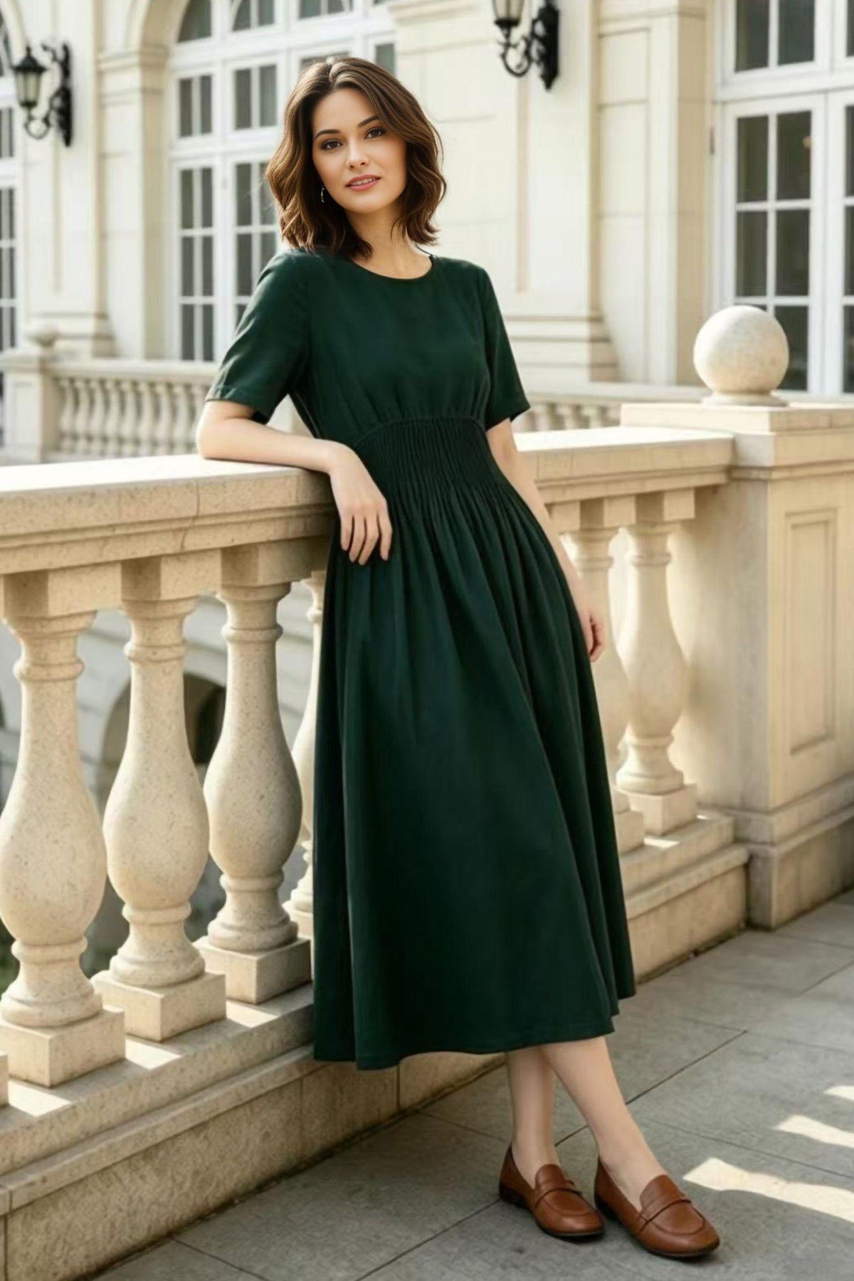 dark green linen dress Maxi Neck 3/4 Sleeve Dress Style Code:WMN4441-03 MDW26 - LP Swim Discount Wedding Guest Dresses Formal