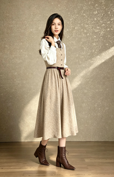 Green Wool Blend A-Line Dress - Square Neck Vintage Style c5641