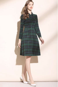 green plaid long sleeves winter wool dress women C3445