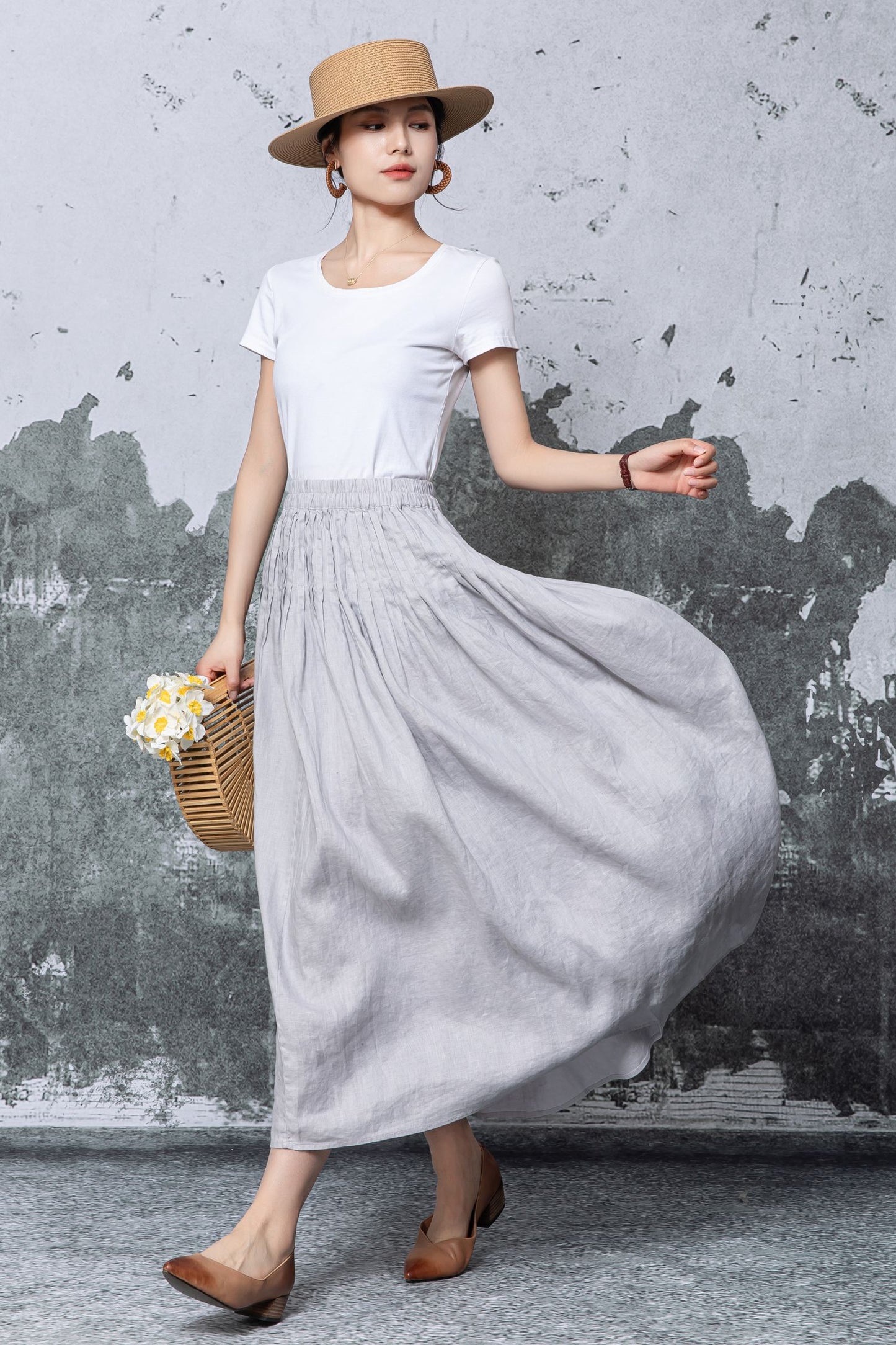 Gray Linen Maxi Skirt - Elastic Waist Pleated A-Line Silhouette c5466