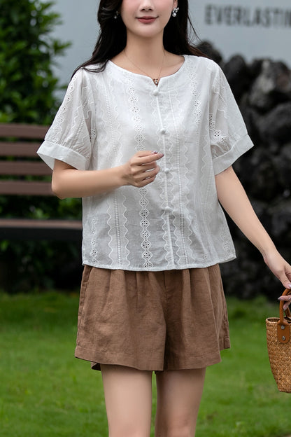 Button front white blouse top C5041