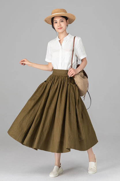 Olive Green Linen Midi Skirt - High Waisted A-Line with Pleats C5522