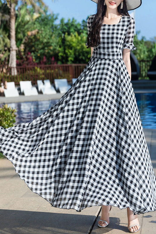 Summer New Plaid Printed Chiffon Dress C4049