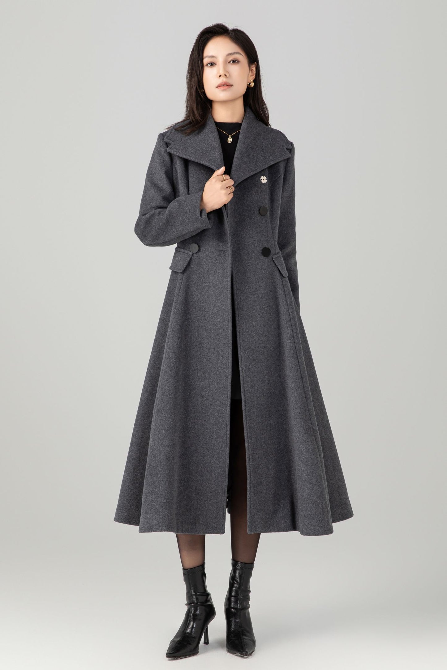 Gray double breasted long wool coat C5270