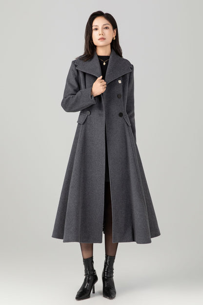 Gray double breasted long wool coat C5270