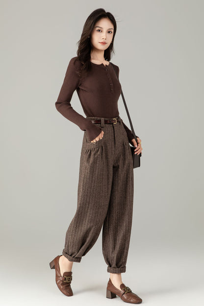 Brown Wool Striped Trousers - Classic Fit & Comfort | Winter Smart Casual Pants C5244