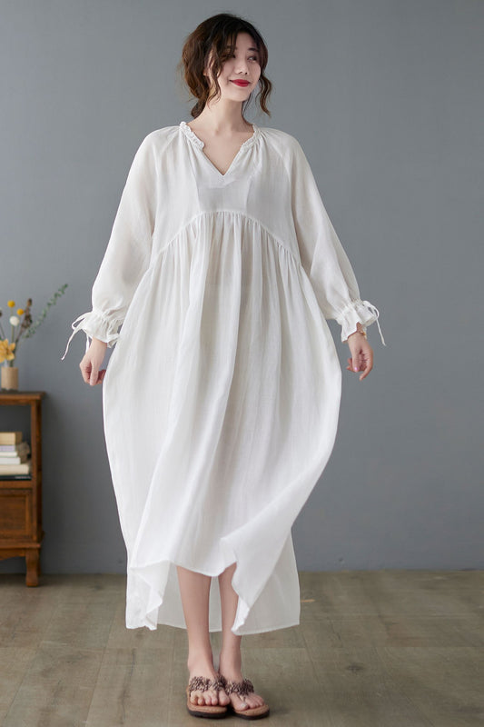 White Vantage Inspired French Long Swing Casual Pure Linen Dress C2237