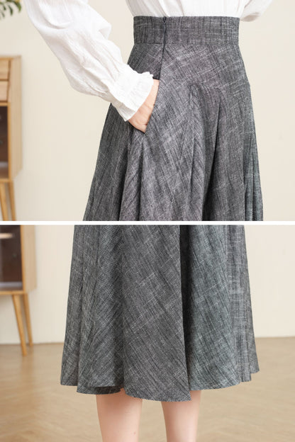 Grey Linen Swing Midi Skirt C4737