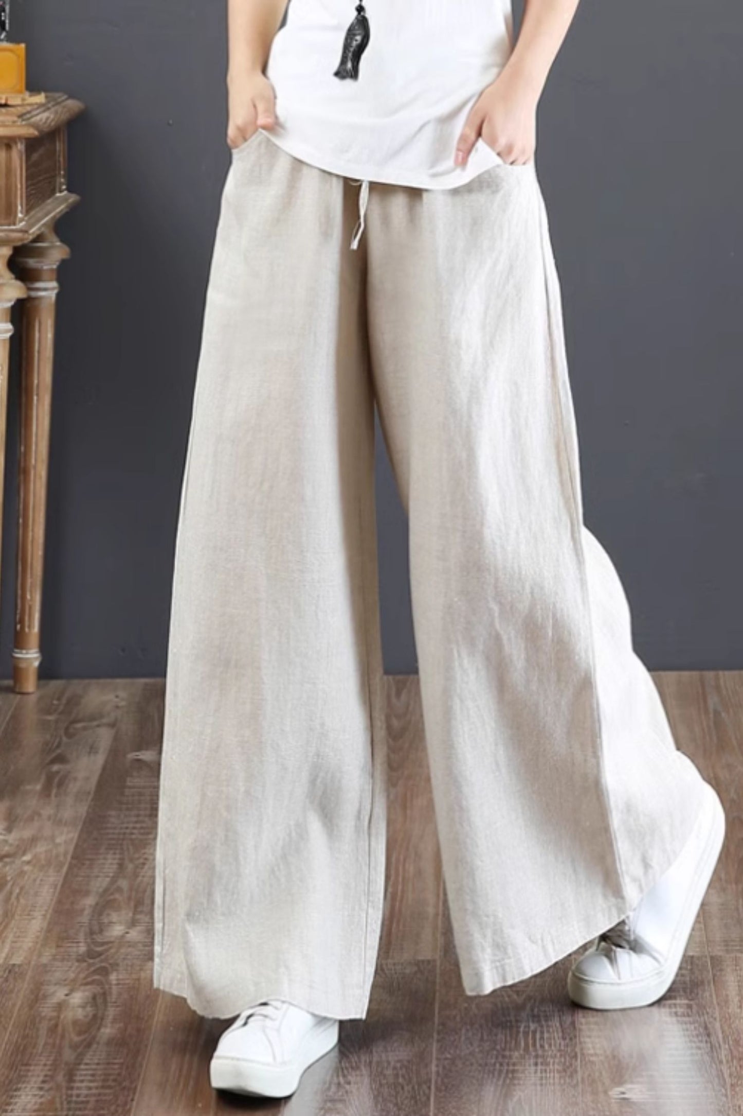 Long wide leg linen pants with drawstring waist C4428