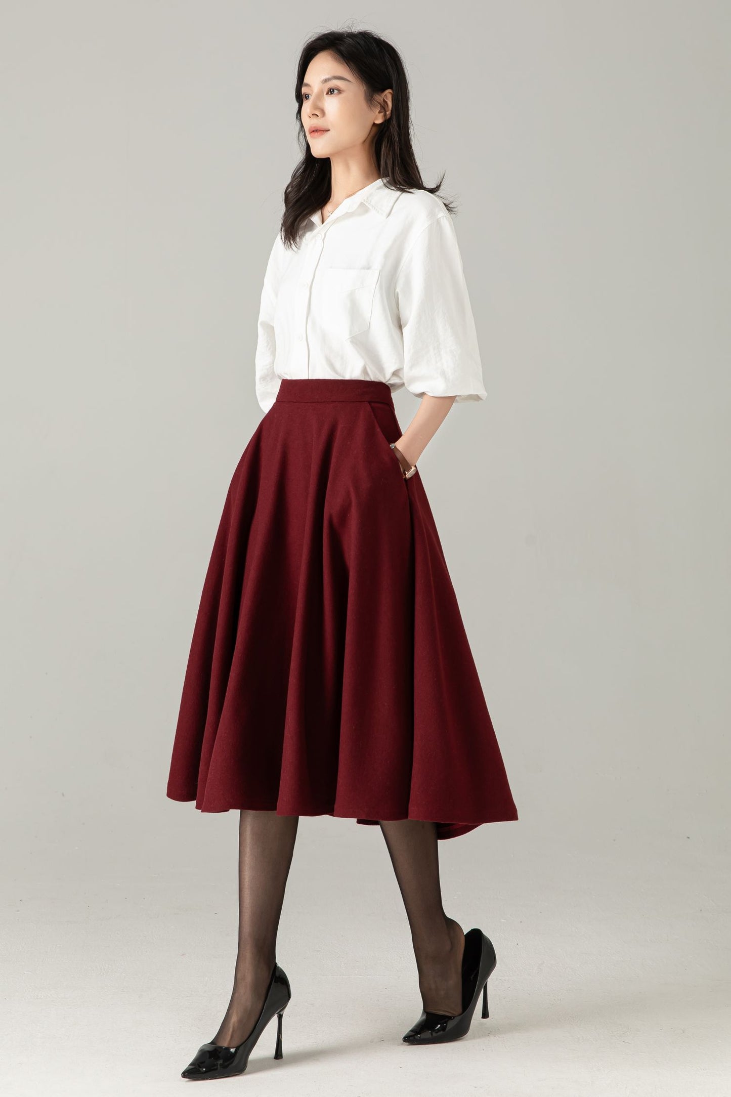 Burgundy Wool Midi Skirt: High Waist Winter A-Line Swing Skirt with Pockets, Ylistyle C5371