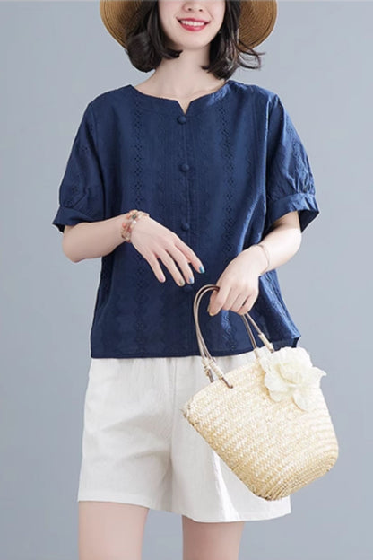 Button front embroidery blouse top C5047