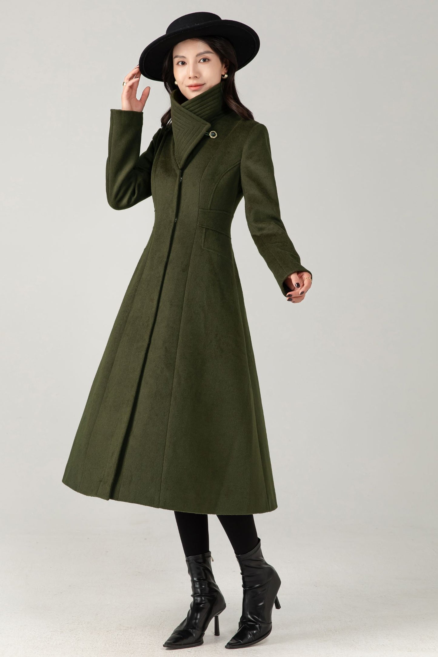 Army Green Wool Midi Coat: Women Tailored Winter Coat with Statement Collar C5335