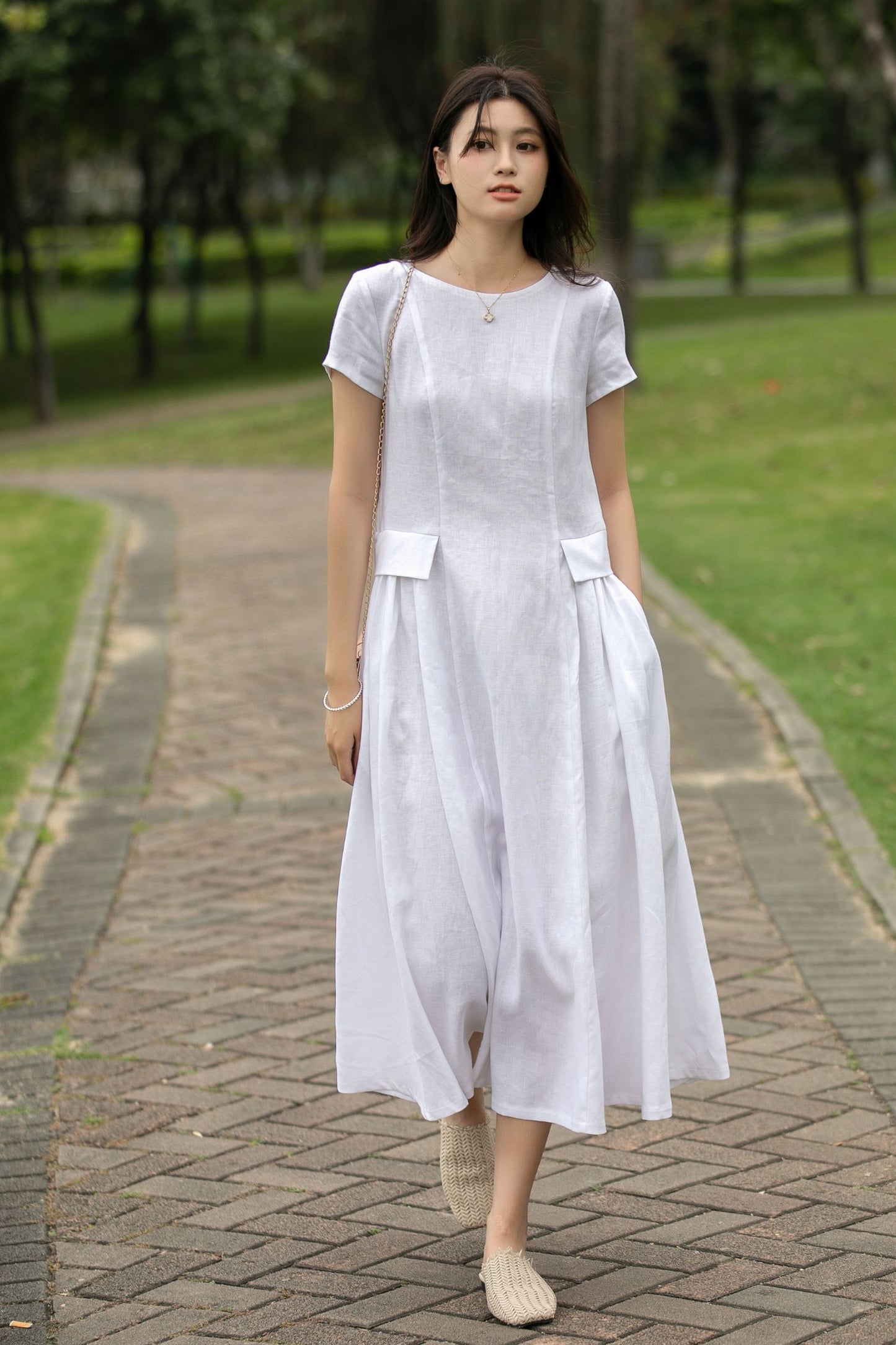 White Linen Midi Casual dress womens C4014