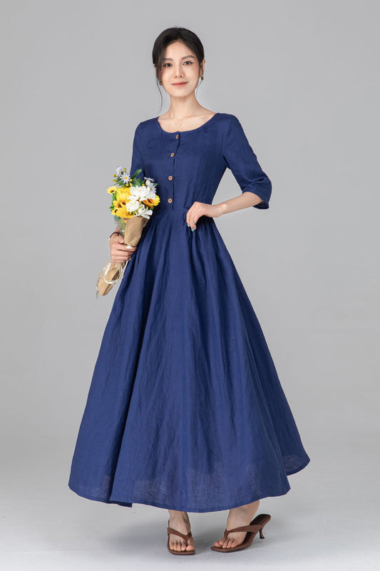 Blue Linen Maxi Dress - Pleated Waist & Button Front | Ylistyle C5514