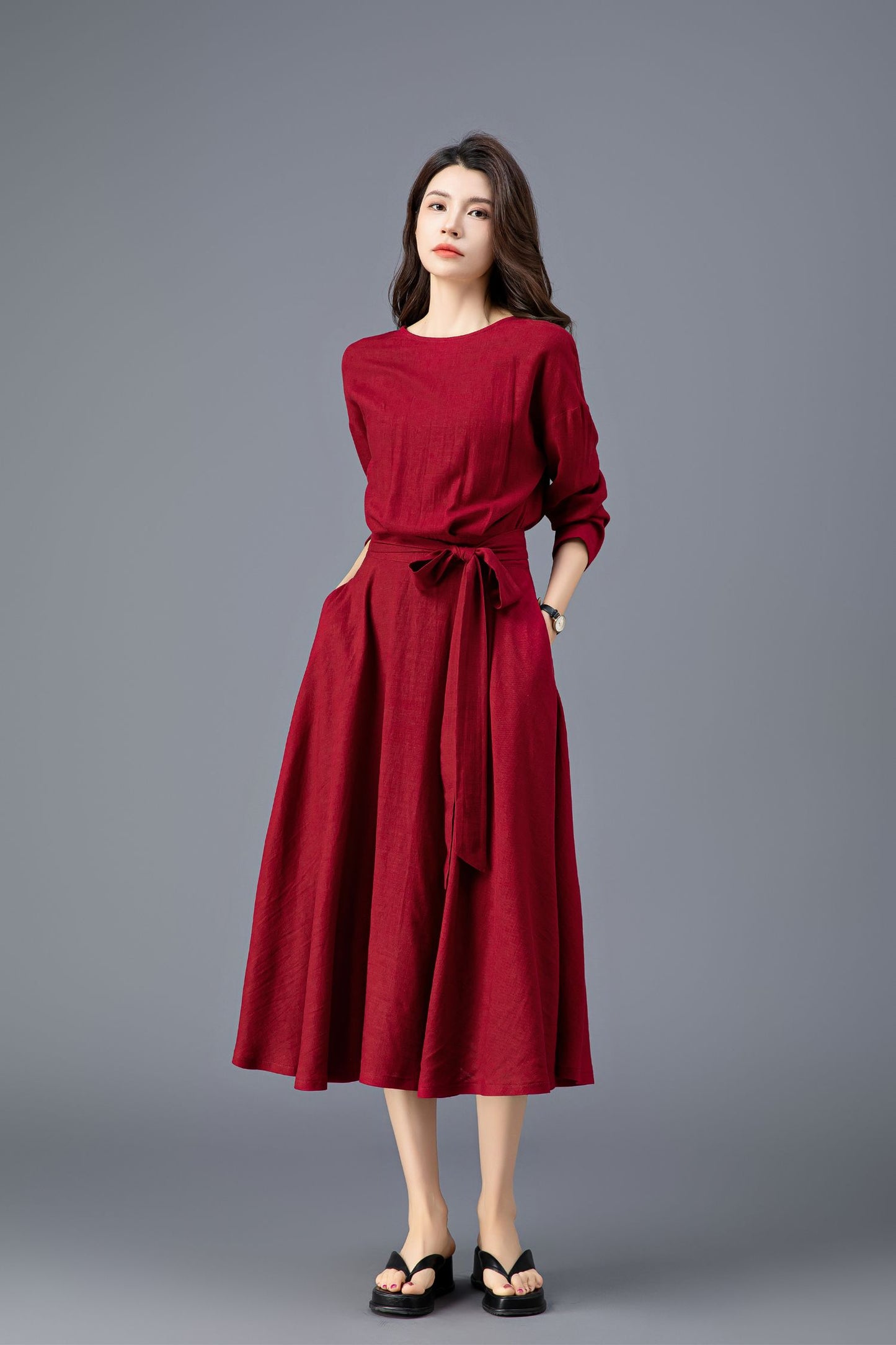 Women's Spring Burgundy Linen belted Dress C3909