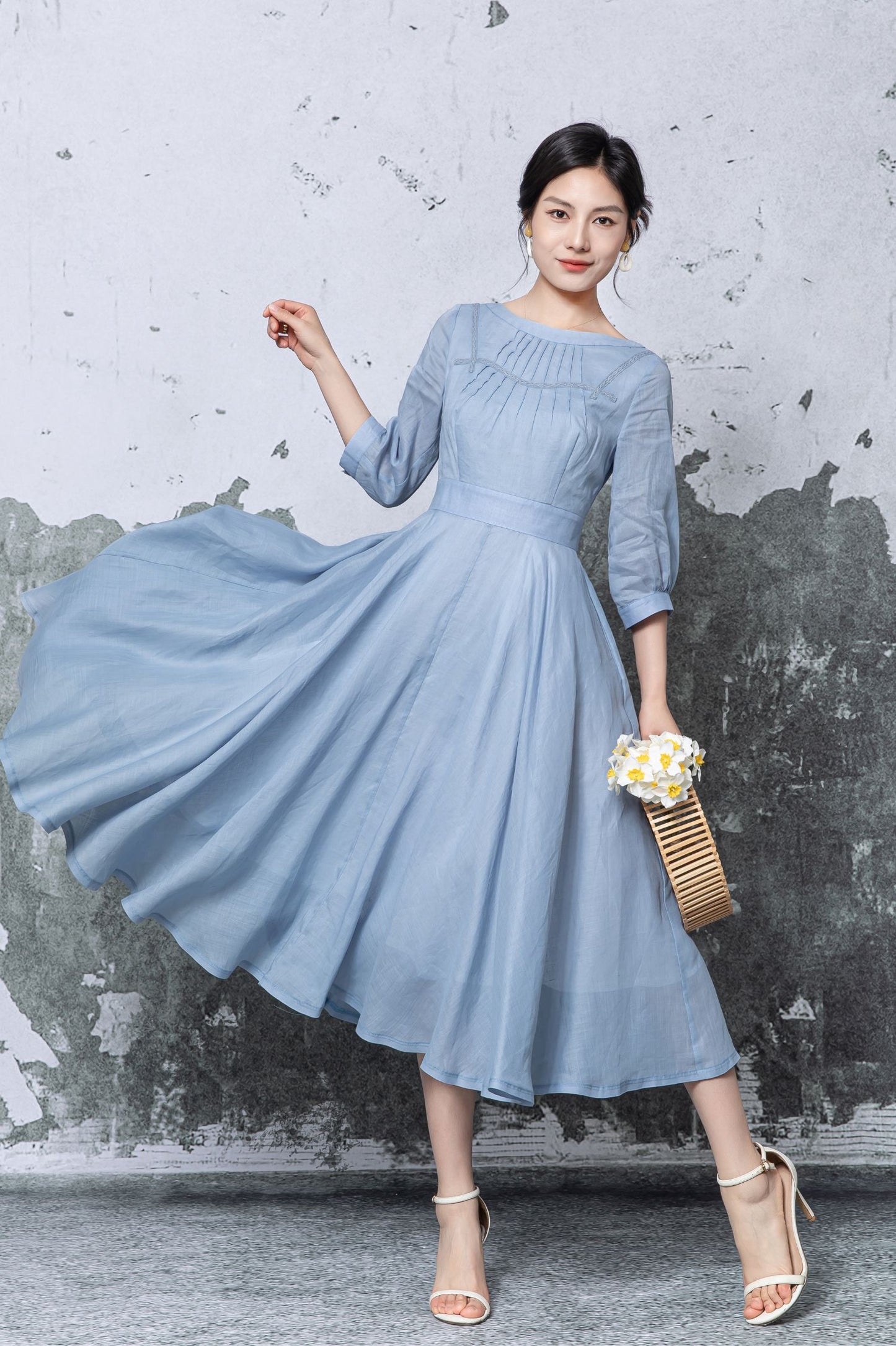 Blue Linen Midi Dress - Pleated Neckline Swing Silhouette c5475