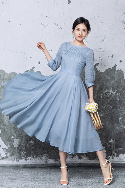 Blue Linen Midi Dress - Pleated Neckline Swing Silhouette c5475