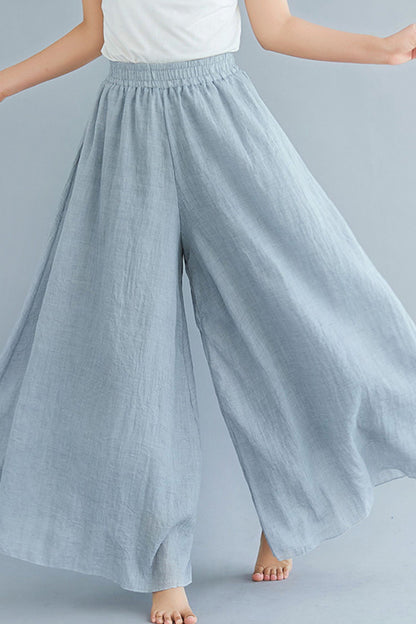 Dark Blue Cotton Linen Wide-Leg Pants - Elastic Waist, Lined TT0053