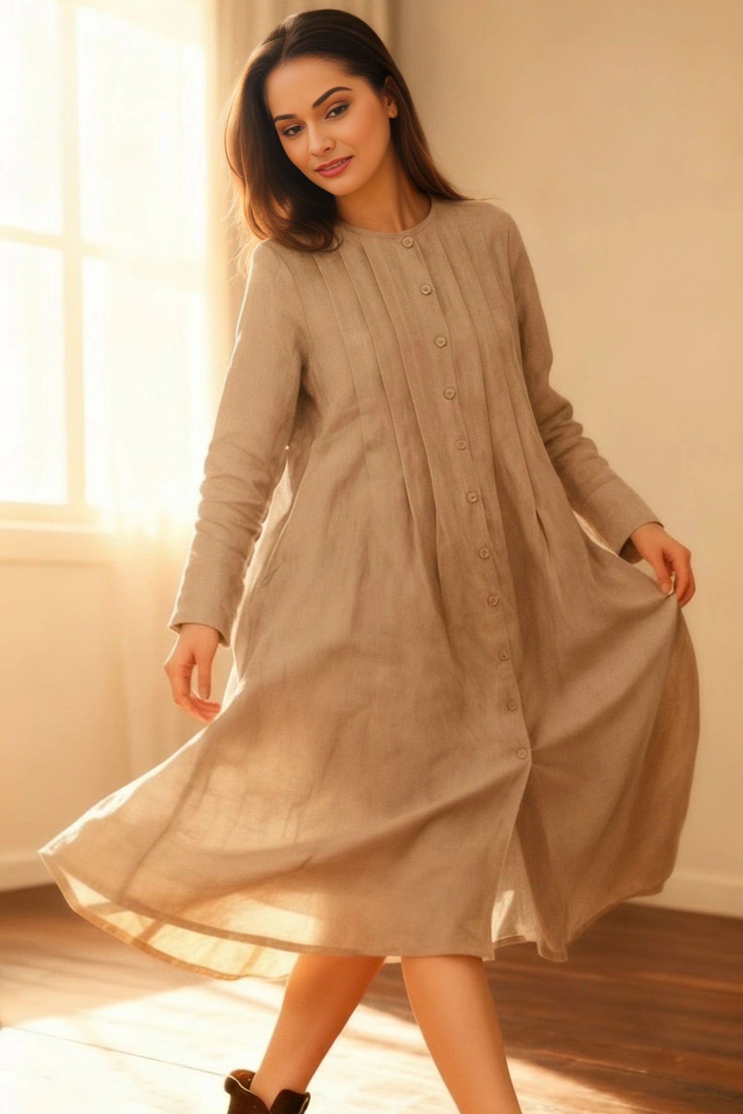 Loose Crew Linen Shirt Dress C5391