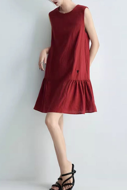 Burgundy womens summer short linen dress C5063