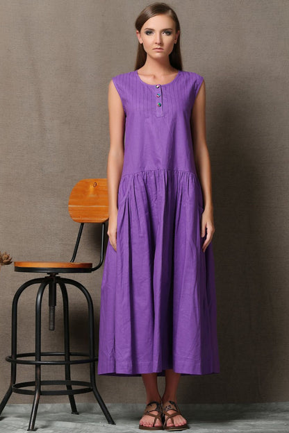 Purple Linen Dress - Loose-Fitting Fit and Flare Sleeveless Womens Dress with Pockets C541