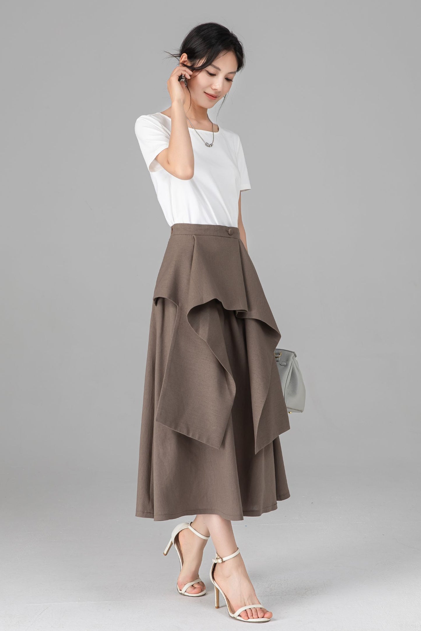 Khaki Linen Cotton Midi Skirt - Asymmetrical Layered Ruffle A-Line C5521