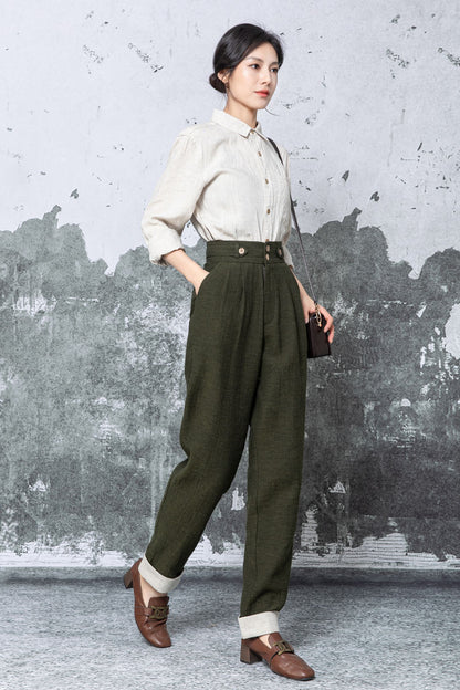 Olive Linen Blend Wide Leg Trousers - High Waist Relaxed Fit c5477
