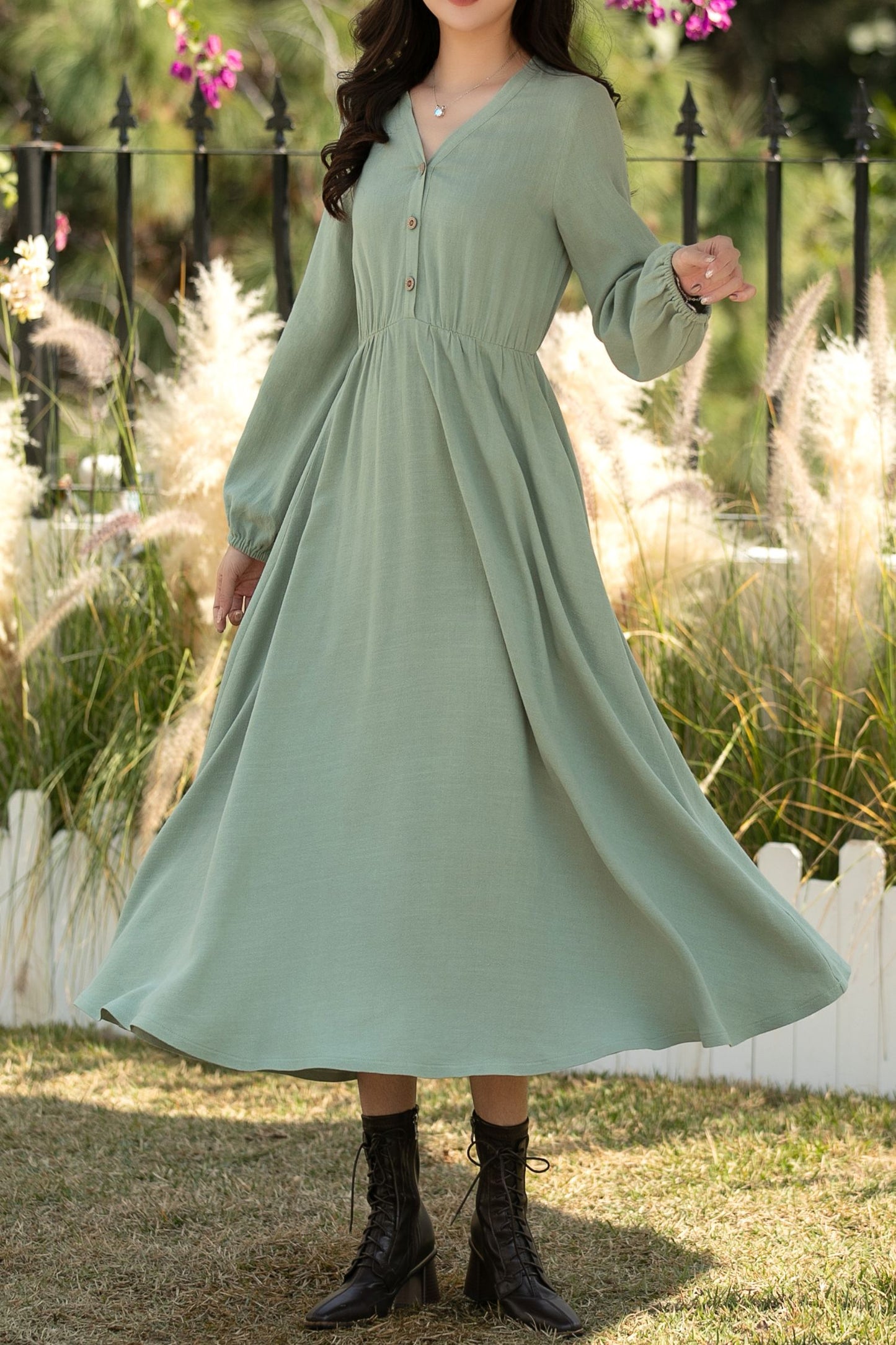 Sage Green Linen Cotton Midi Dress: Vintage Long Sleeve Button Front A-Line Dress, Ylistyle C5435