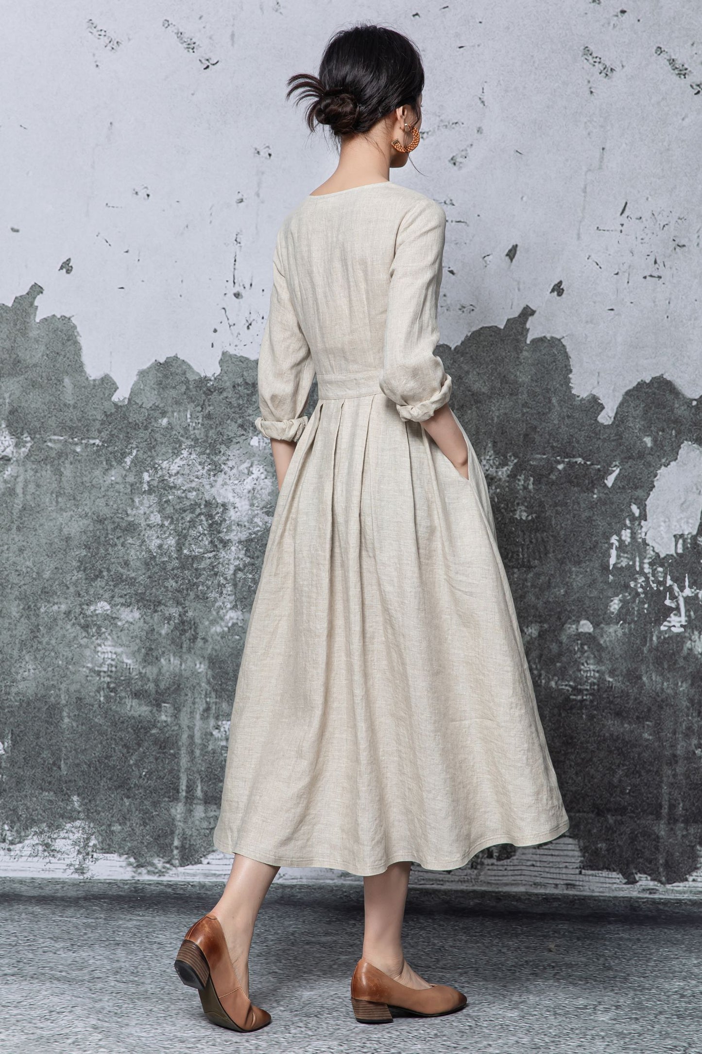 Beige Linen Midi Dress - Button Front Pleated A-Line Silhouette c5469