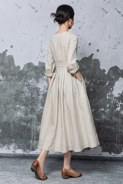 Beige Linen Midi Dress - Button Front Pleated A-Line Silhouette c5469