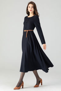 Navy Blue Midi Wool Dress C3616