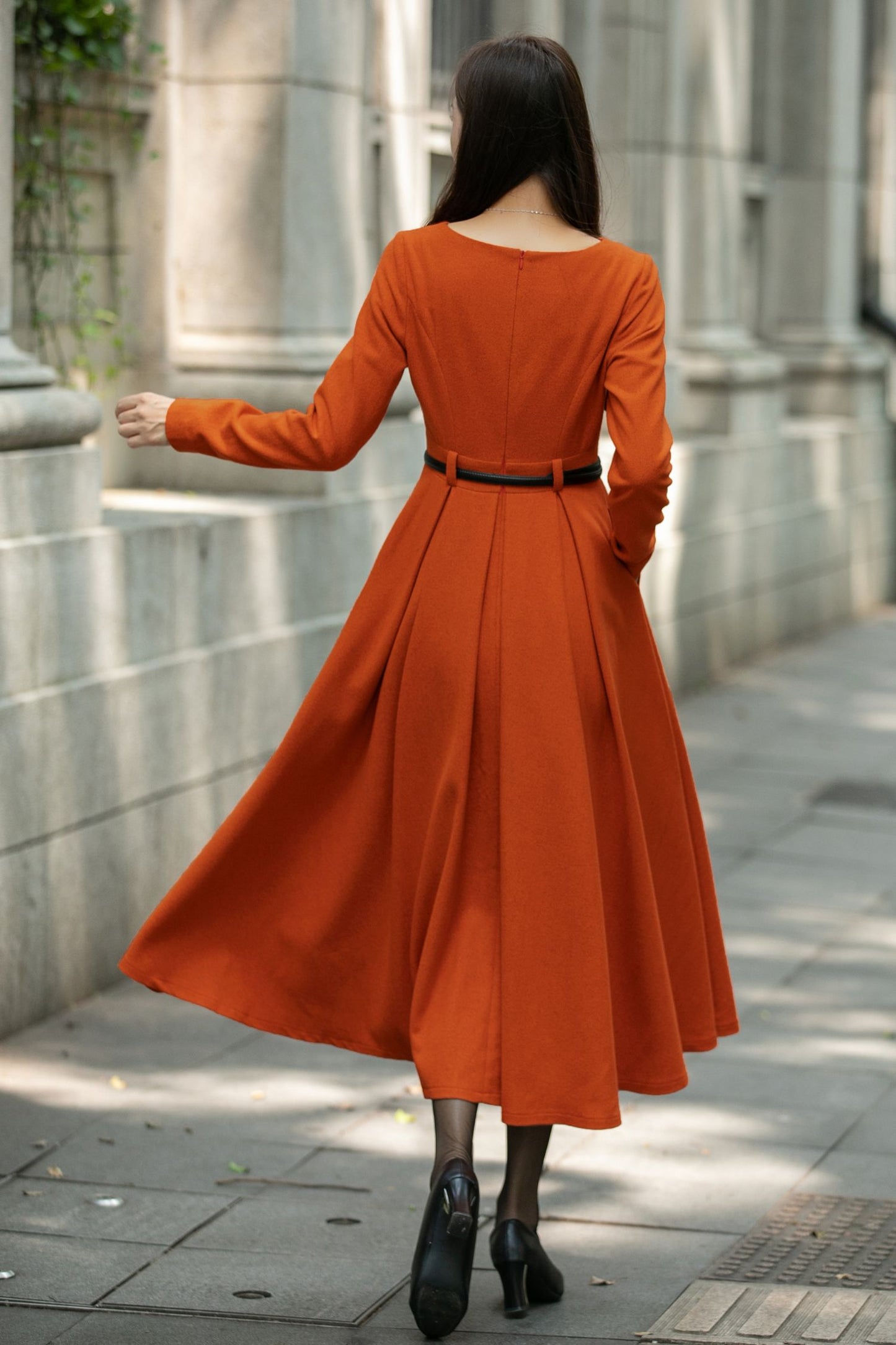 Maxi swing pleated winter wool dress C4482