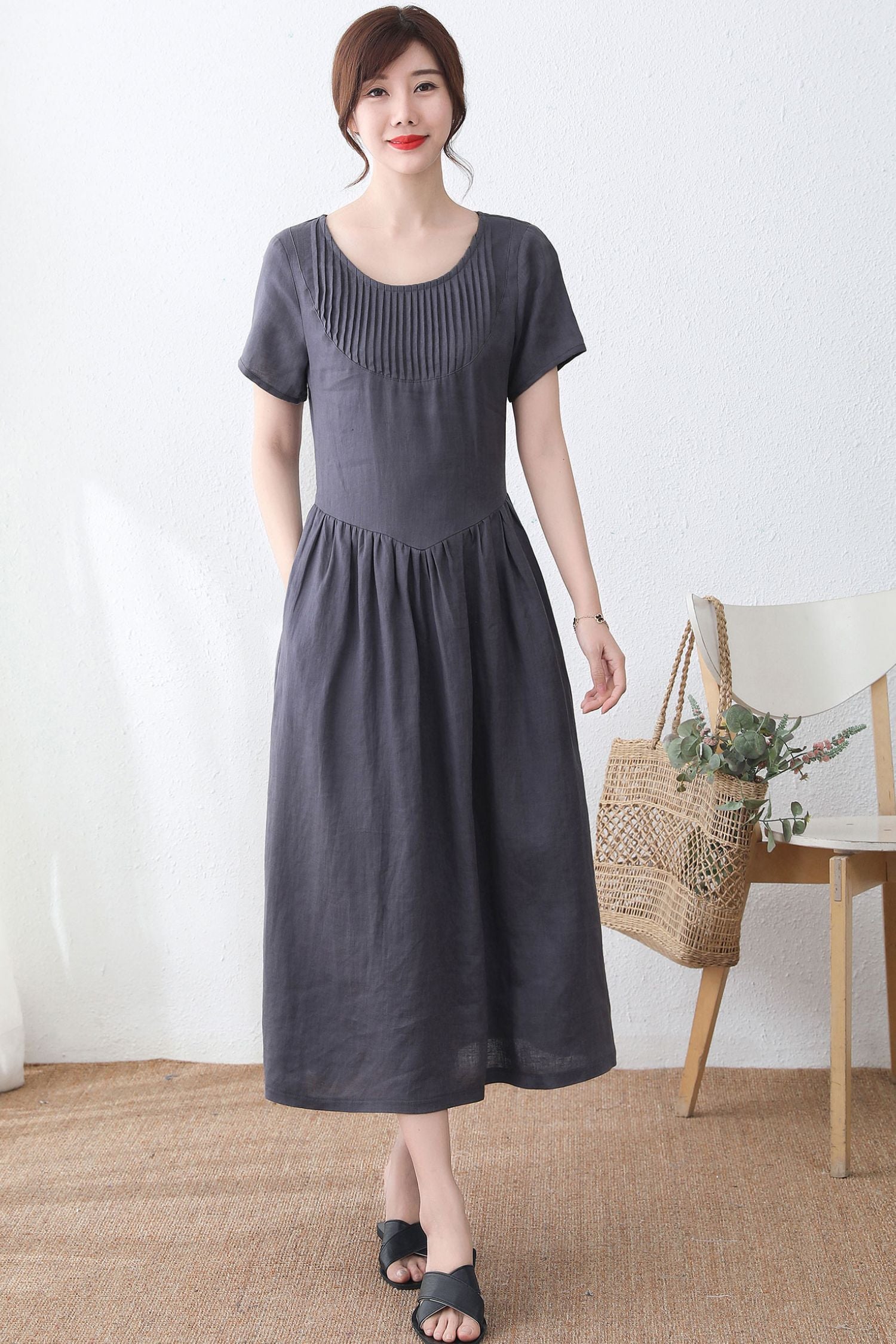Short sleeve Organic linen dress in Gray C2328 YLISTYLE Short sleeve Organic linen dress in Gray C2328 YLISTYLE