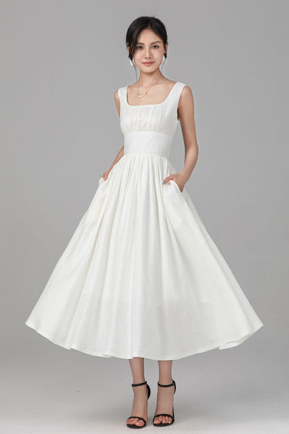 Off White Linen Midi Dress - Sleeveless Square Neck A-Line Silhouette C5525