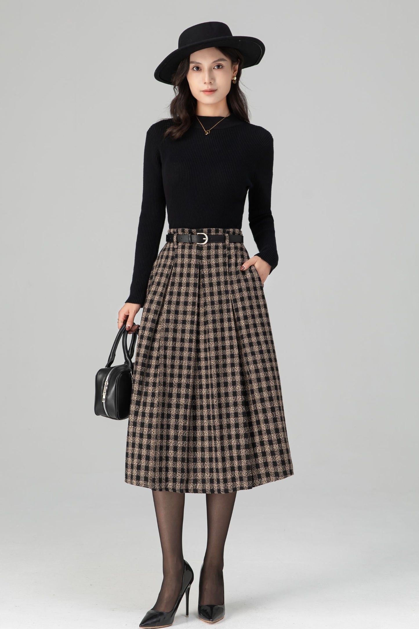 Vintage Pleated Midi Plaid Wool Skirt C5198